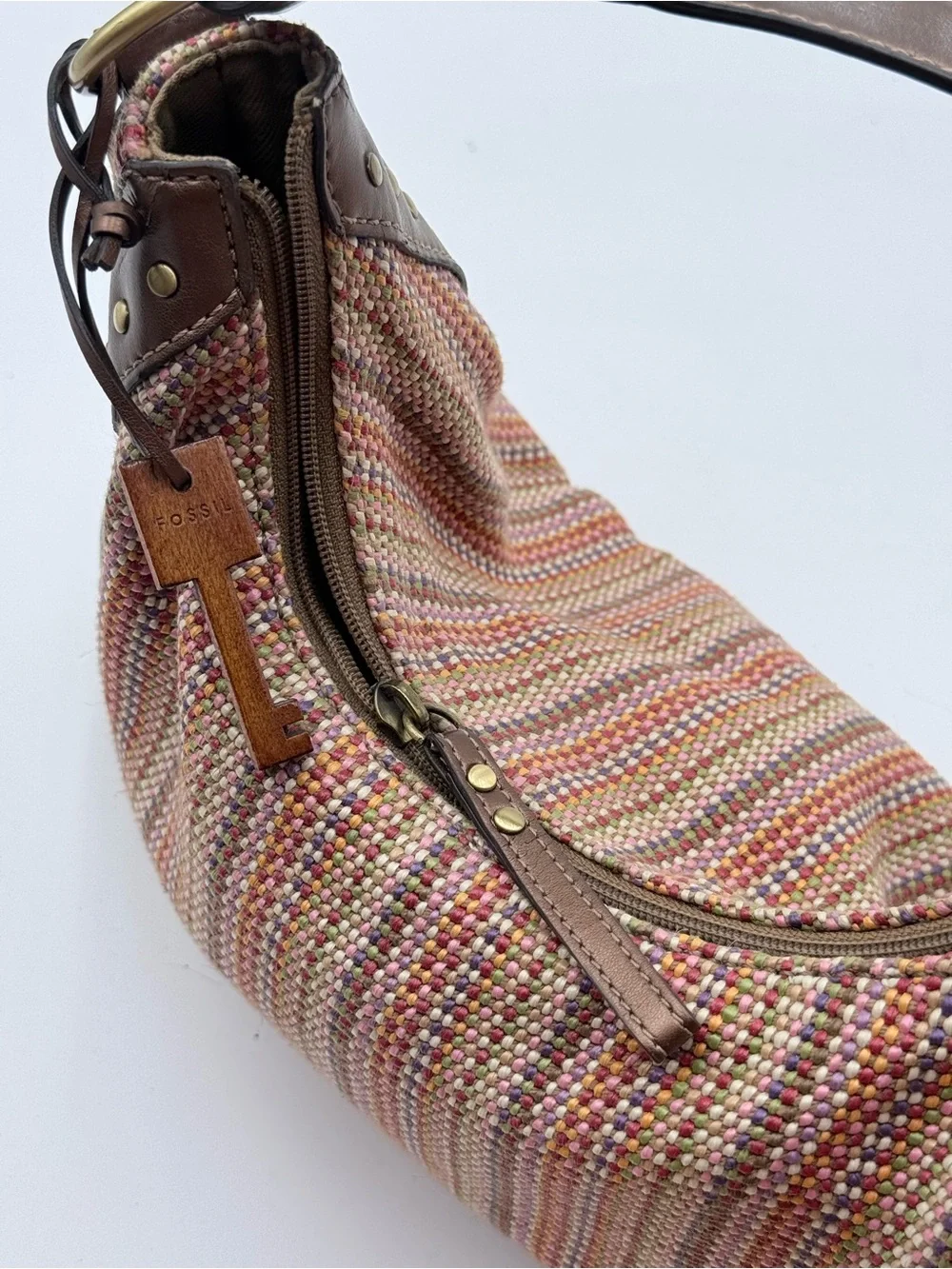 Vintage Y2K Fossil Woven Hobo Shoulder Bag Colorful Tweed Boho with Key